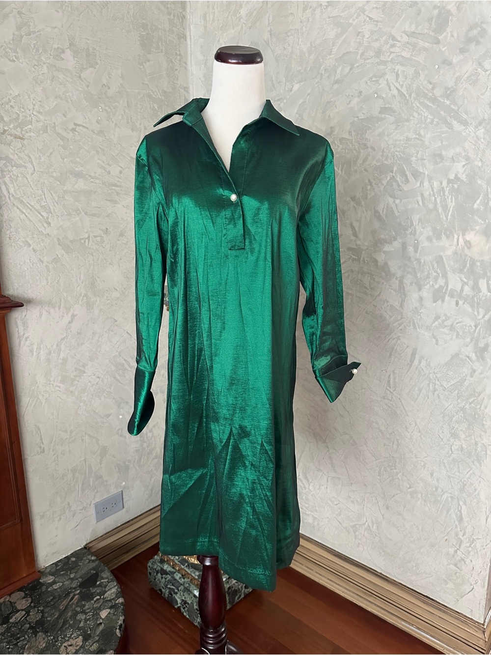 Preston & York Emerald Satin Long Sleeve Shirt Dress